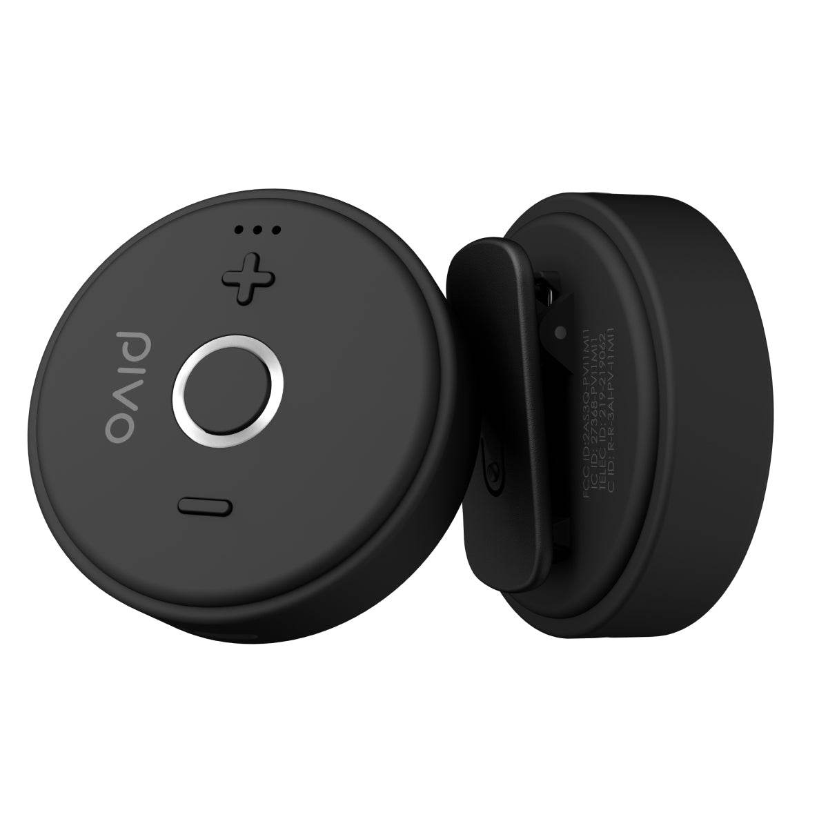 Compact black wireless Bluetooth microphone with clip-on design and control buttons for volume and recording