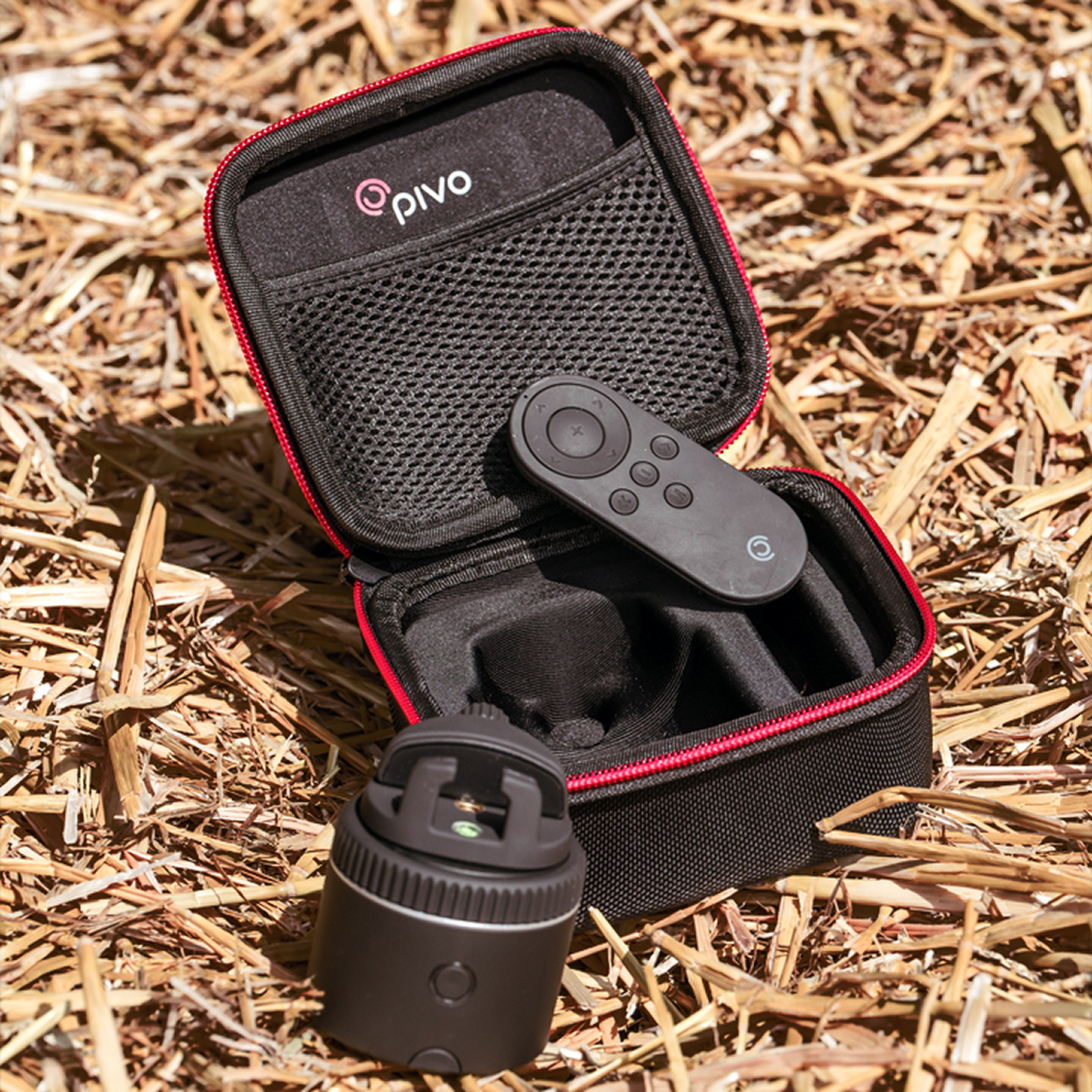 Travel Case Mini for Pivo Pod with remote, compact and protective design on straw surface.