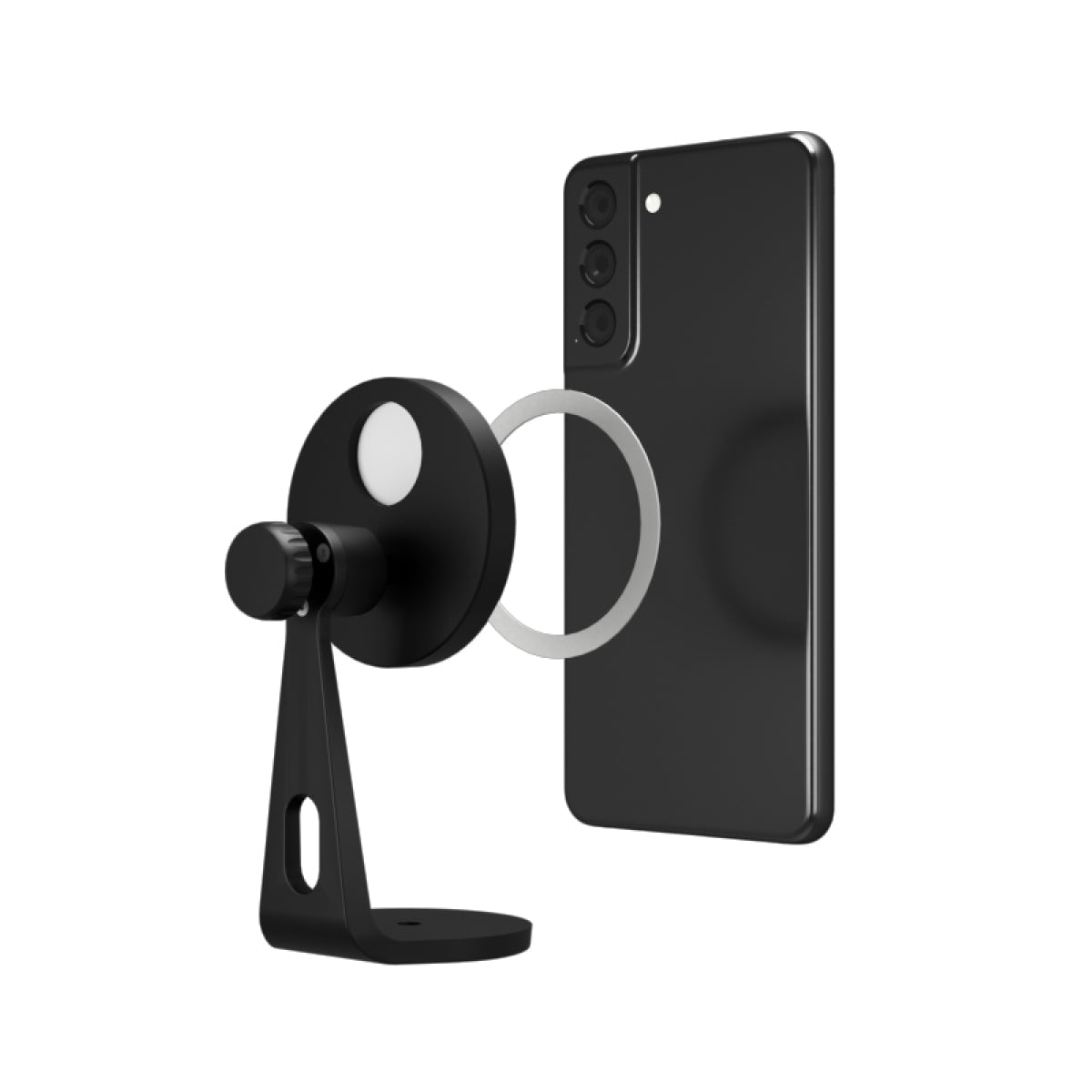 Magnetic smartphone mount with universal design, attached to a smartphone, showcasing its 360° flexibility and portability.