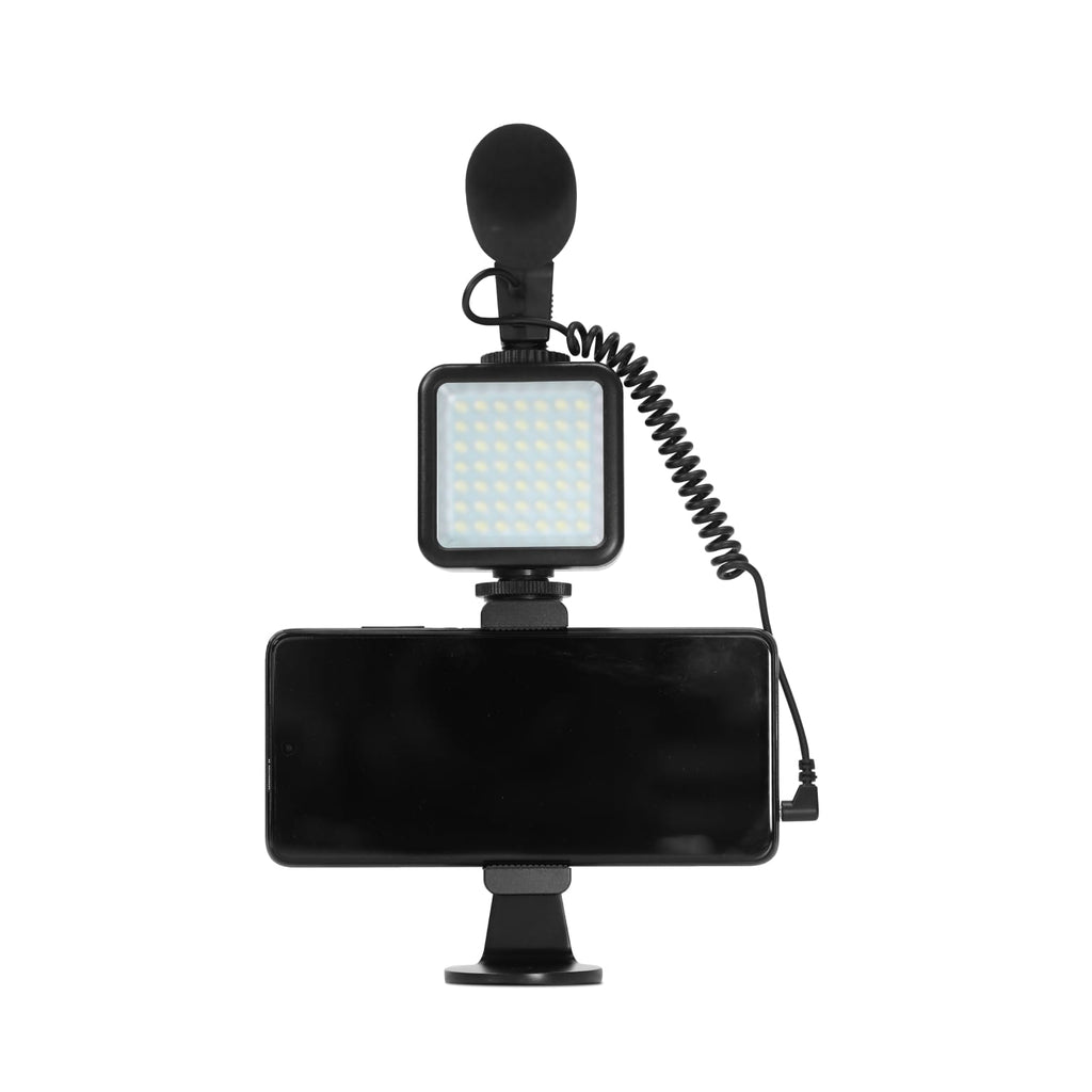 Adjustable Smartphone Mount with microphone and video light on tripod-compatible stand.
